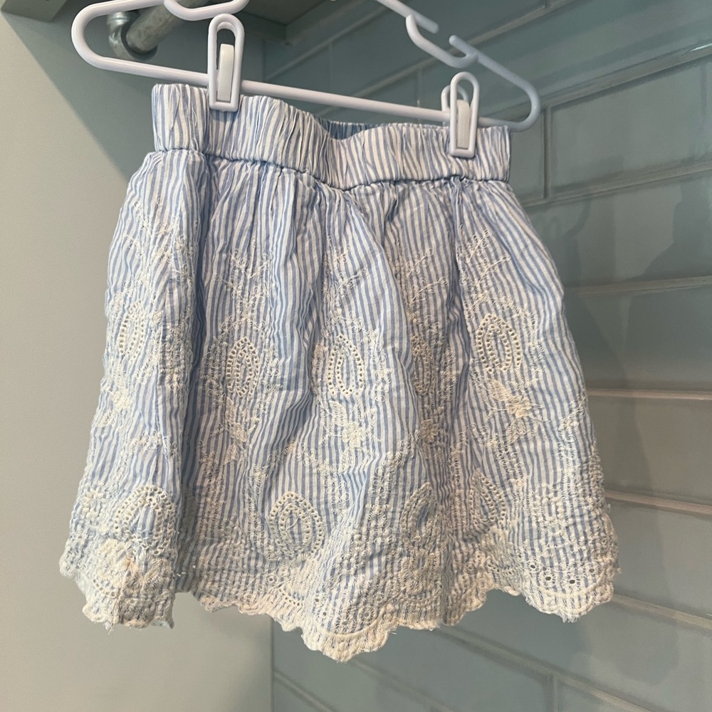 Light Blue Striped Embroidered Cotton Skirt